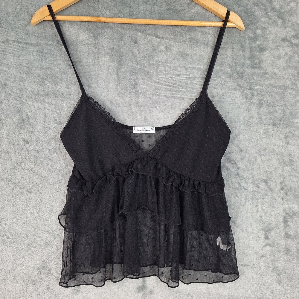 Womens Top XL Black Babydoll Y2K Whimsigoth Sheer Fairy Grunge Coquette Ruffle